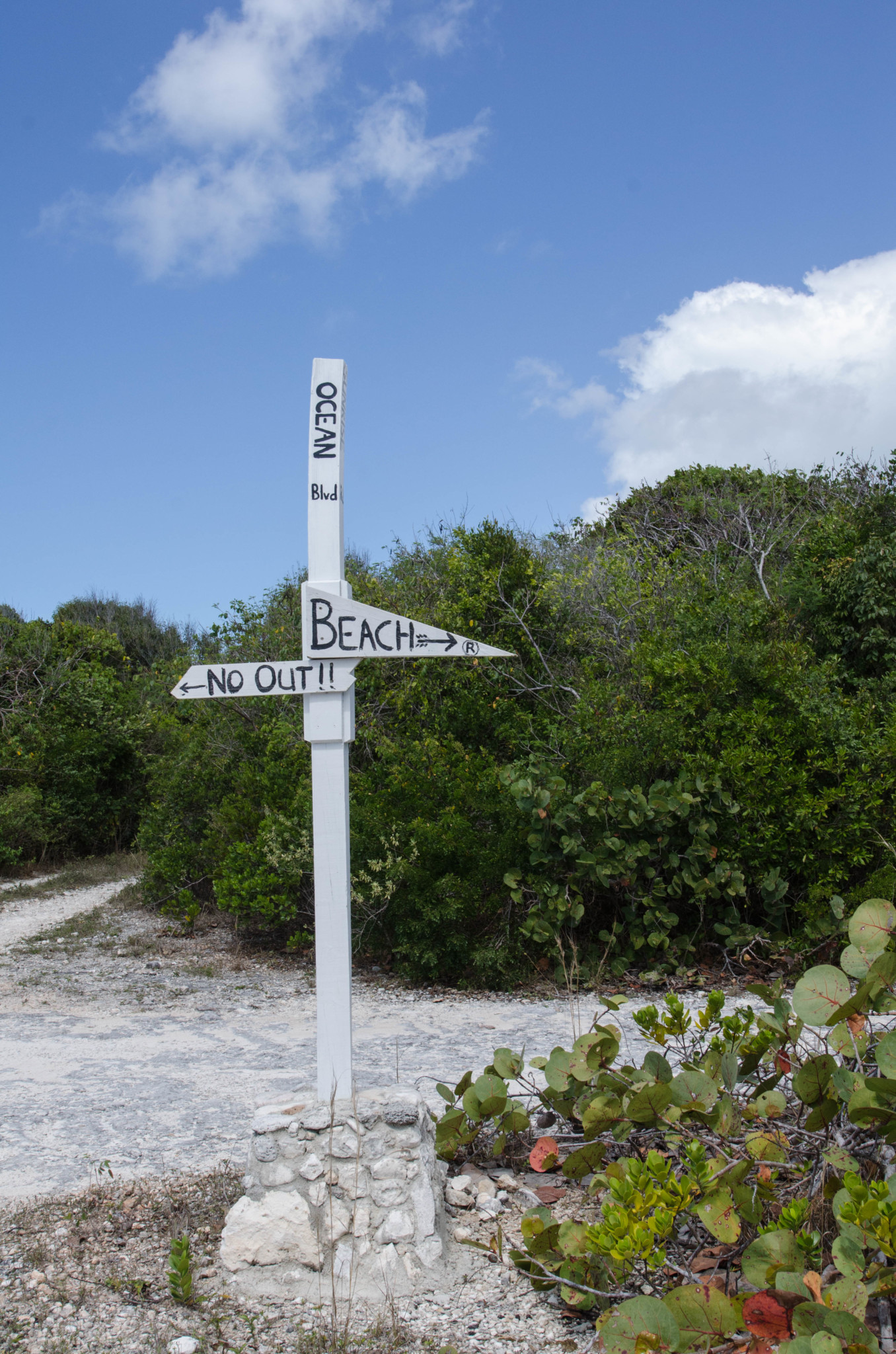 Wegweiser am Surfers' Beach auf Eleuthera in den Bahamas