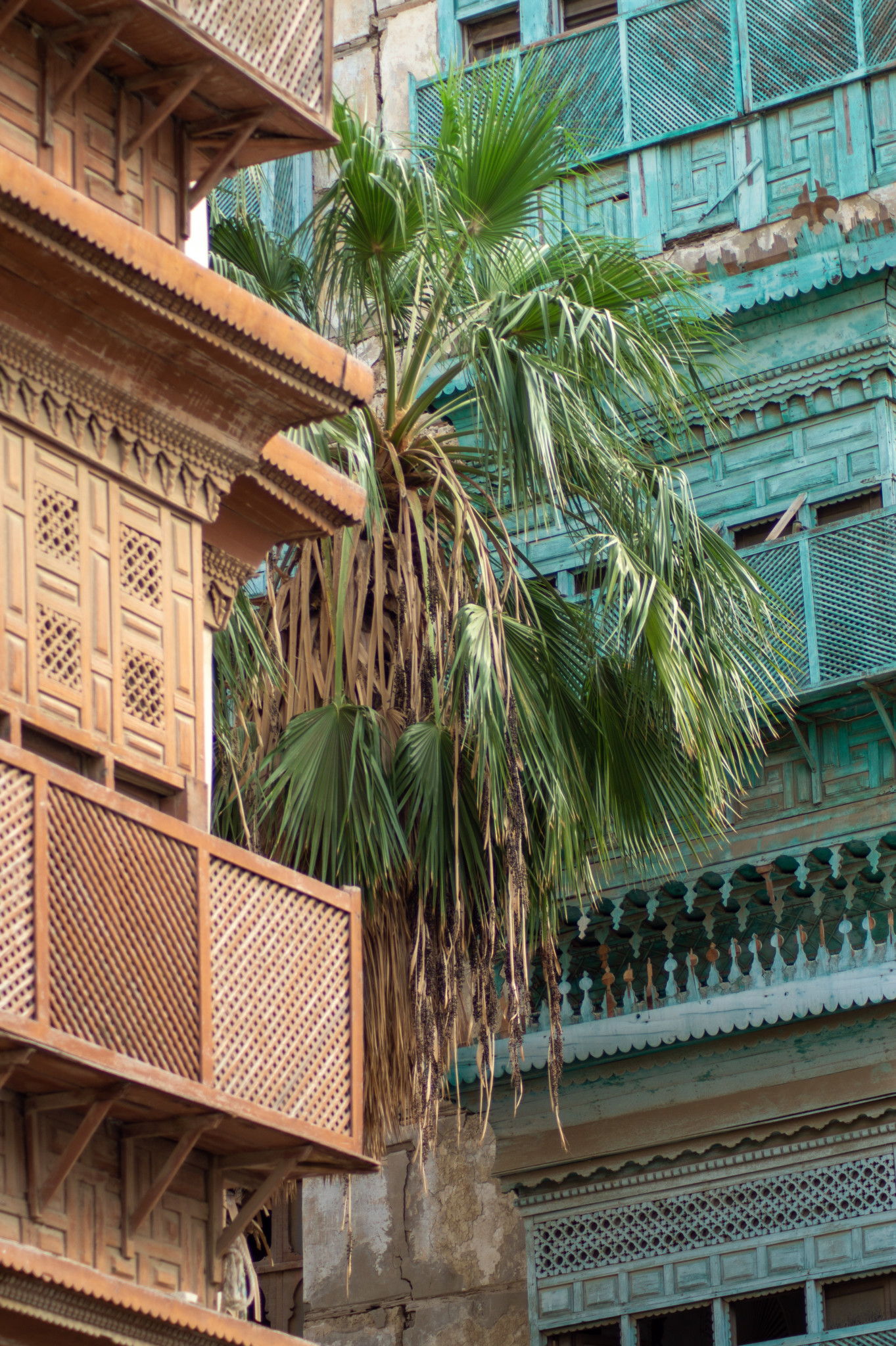 Palmen und hölzerne Details an den Häusern in der Altstadt von Jeddah