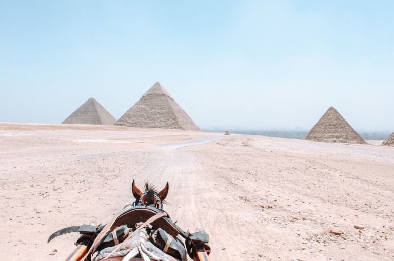 Eine Pferdekutsche an den Pyramiden von Gizeh in Kairo in Ägypten