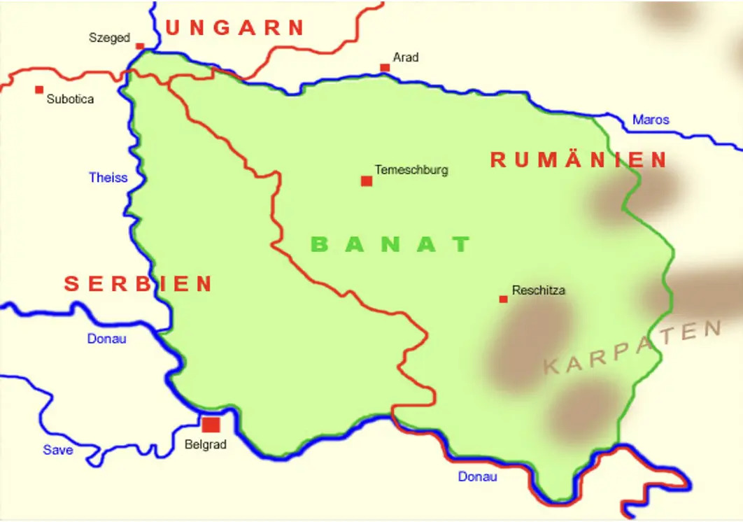Die Aufteilung des Banats nach V. Preuss; Quelle: V. Preuss